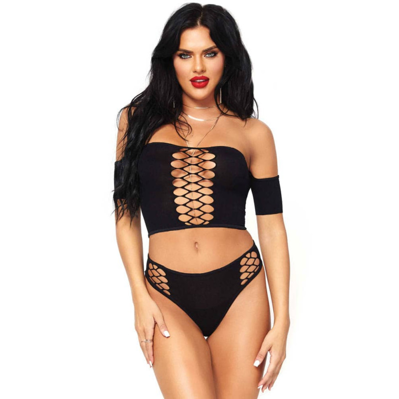 Opaque Crop Top And Thong Black O/S LEGAV07591